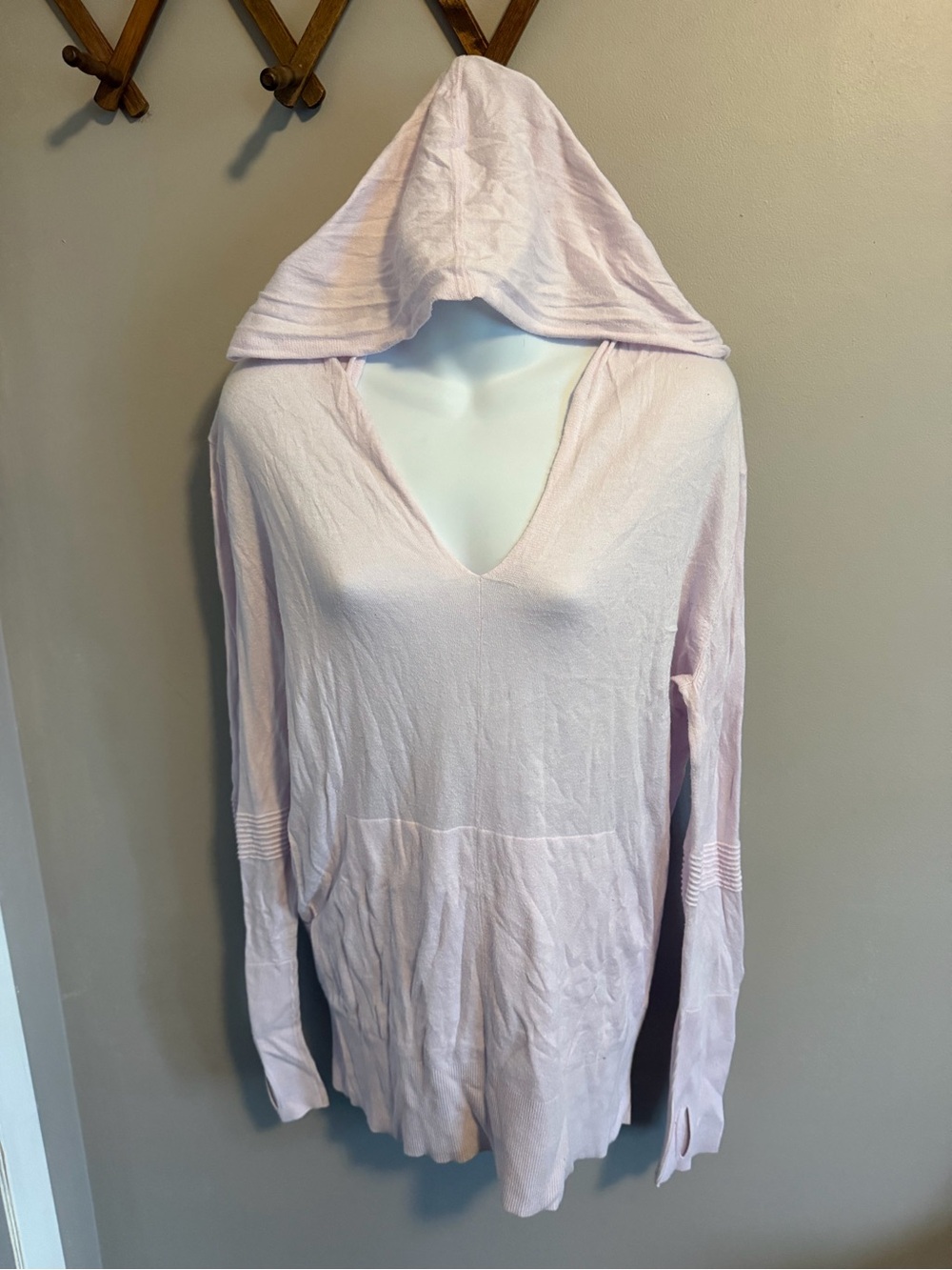 Athleta Light Pink Cotton Tencel Silk Blend Hooded V Neck Sweater L